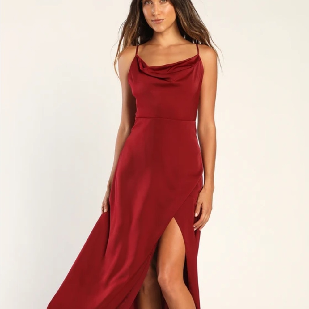 Unforgettable Love Wine Red Satin Cowl Neck Faux-Wrap Maxi Dress